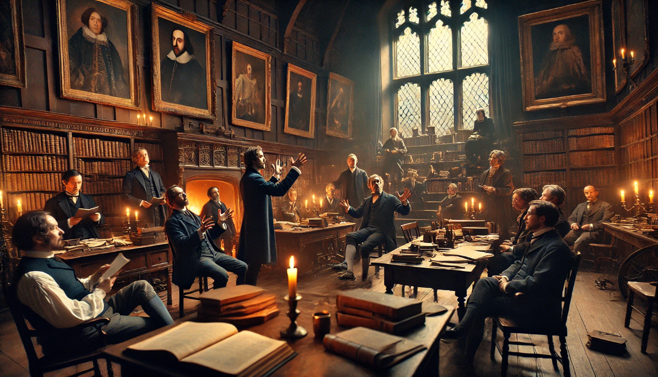 Historical scholarly debate scene

