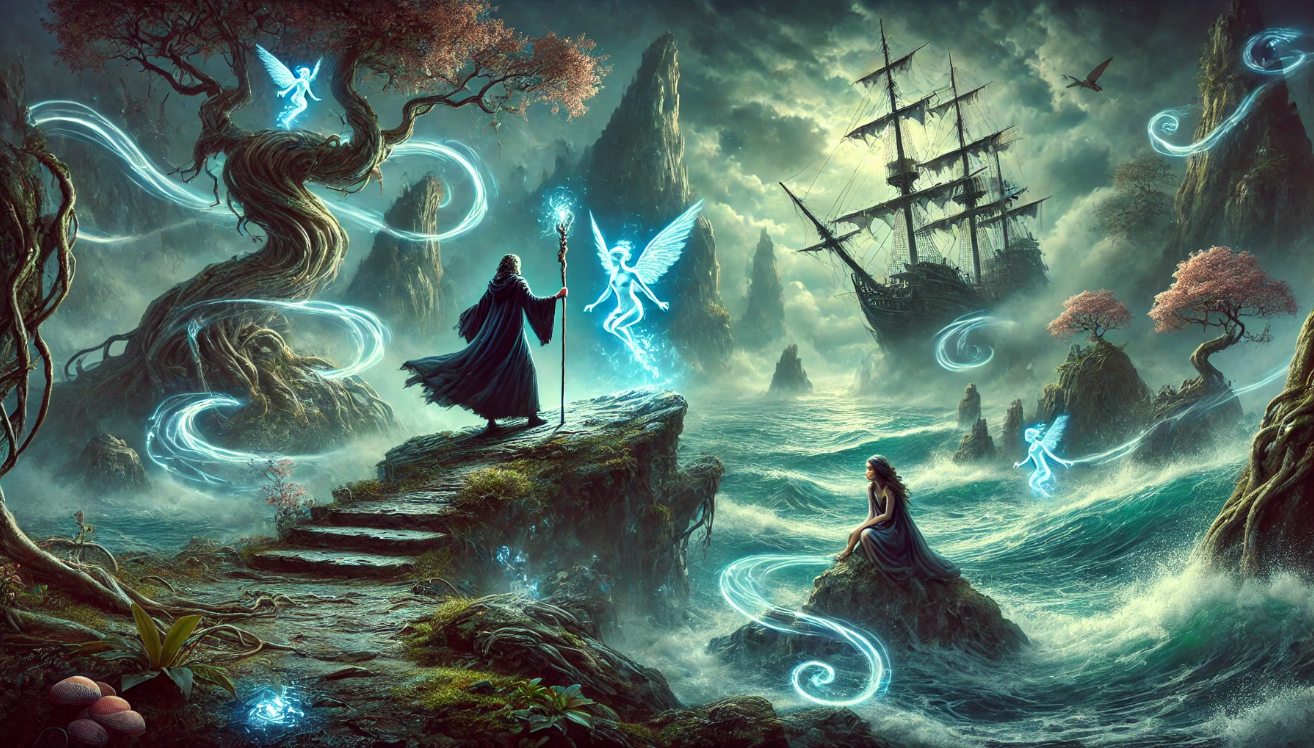 "Wizard and fairy scene"