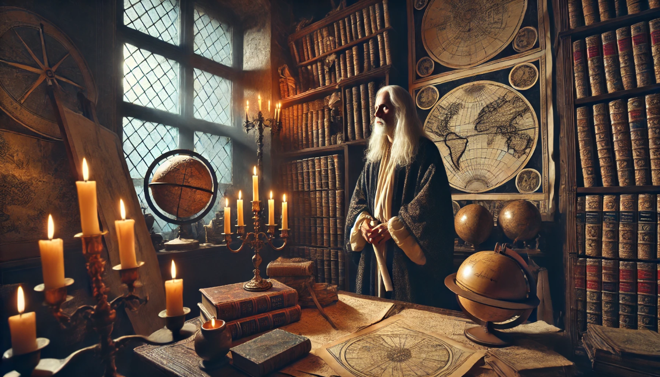"Wizard in ancient library"