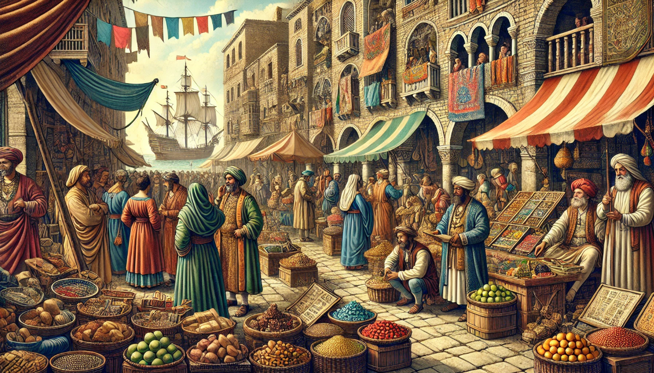"Bustling ancient marketplace scene"
