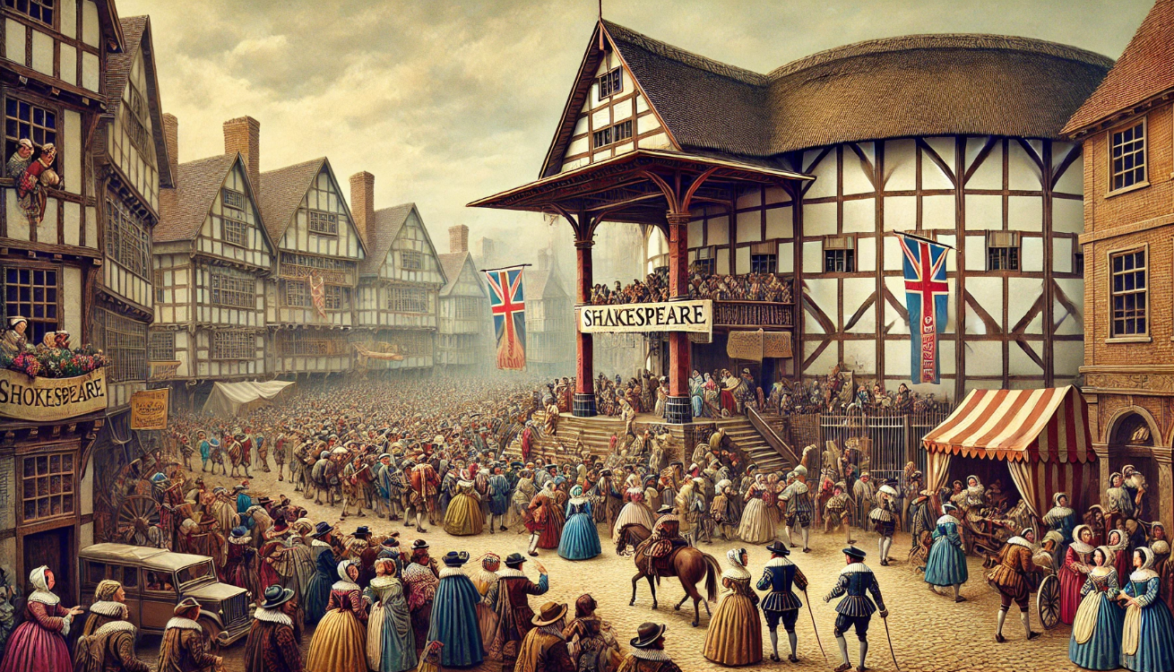 Crowded Shakespeare theater scene