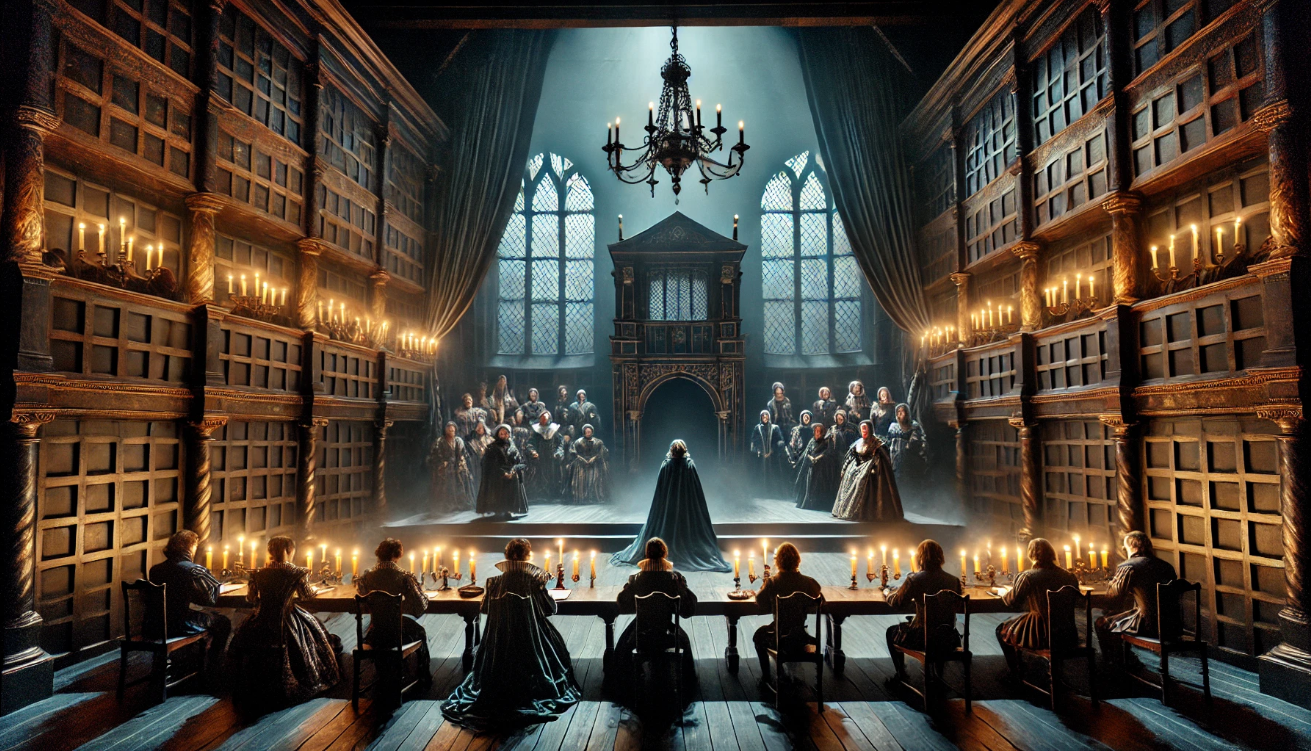 "Medieval hall with chandelier"