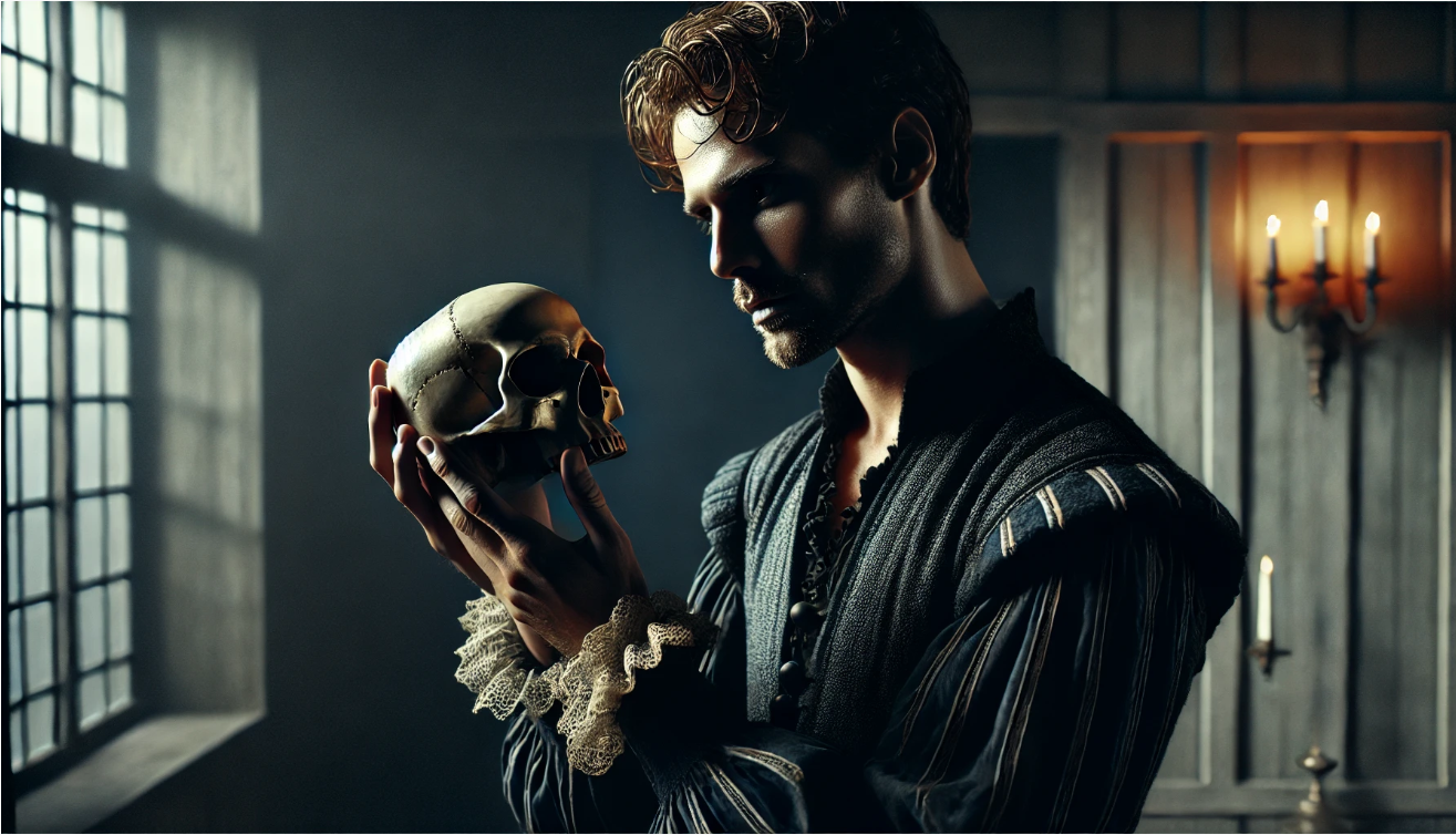 "Man holding skull dramatically"