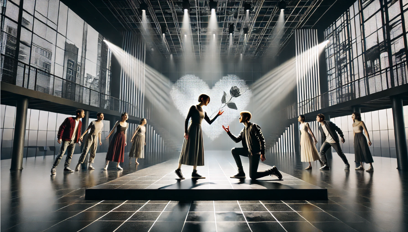 "Modern stage romantic performance"