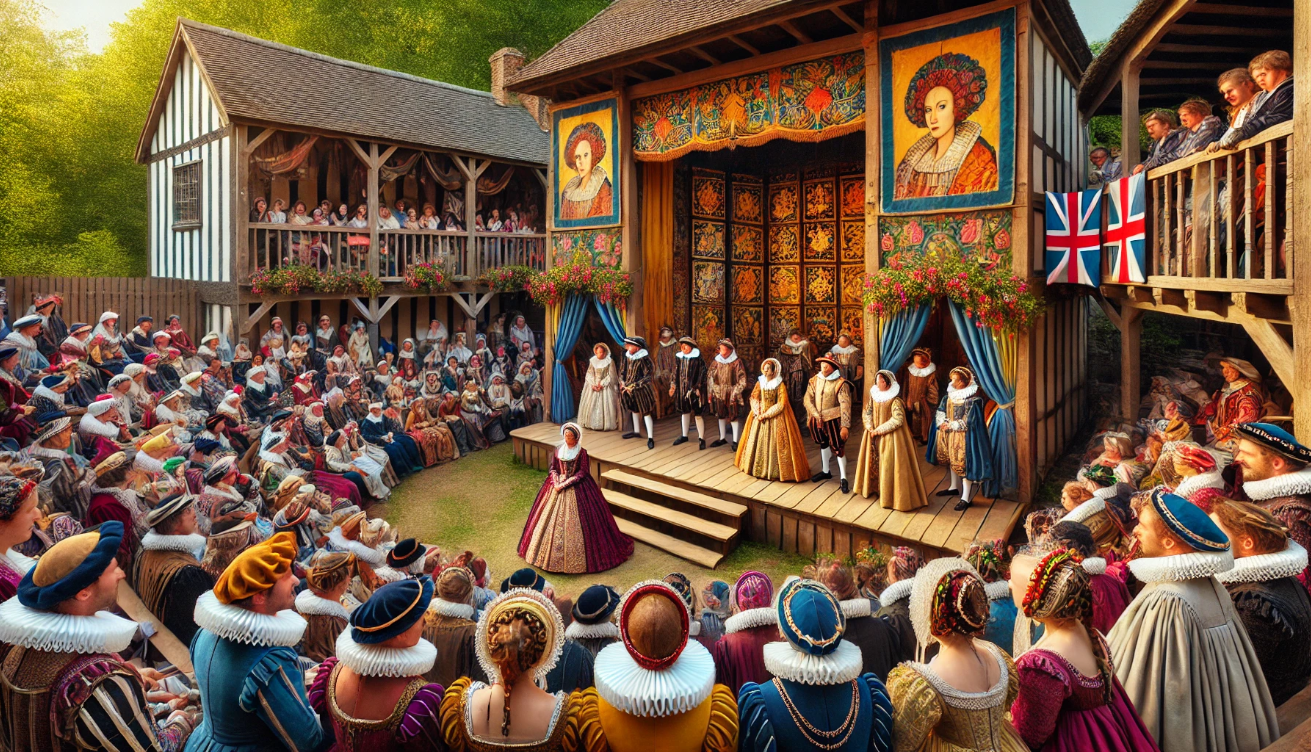 "Elizabethan theatre performance crowd"
