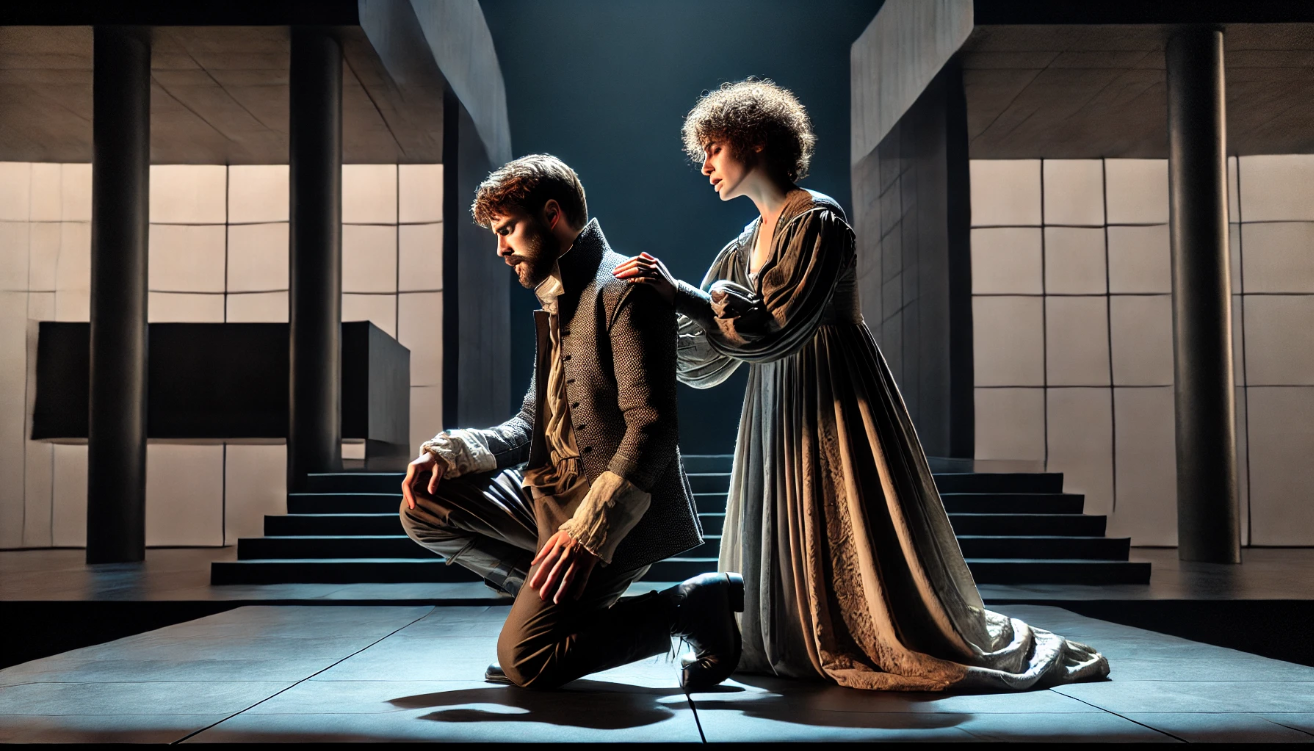 "Dramatic stage scene kneeling"