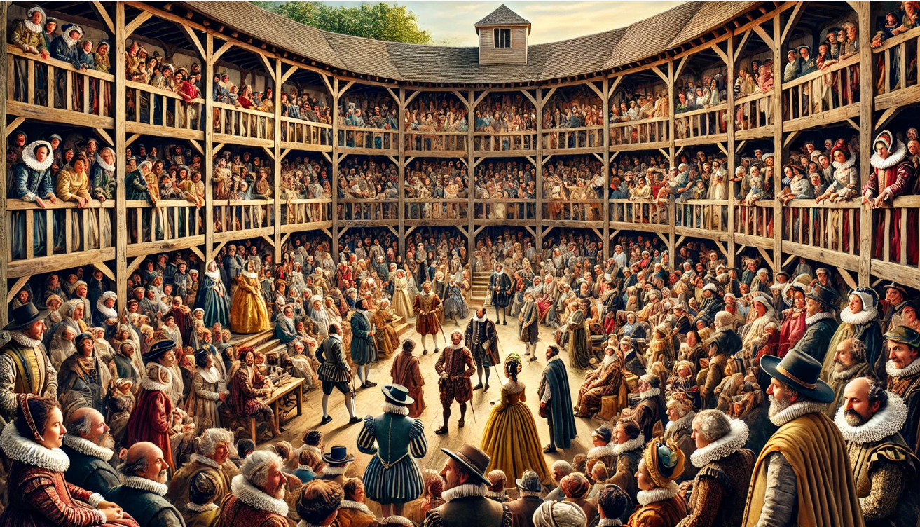 "Crowded Elizabethan theatre performance"