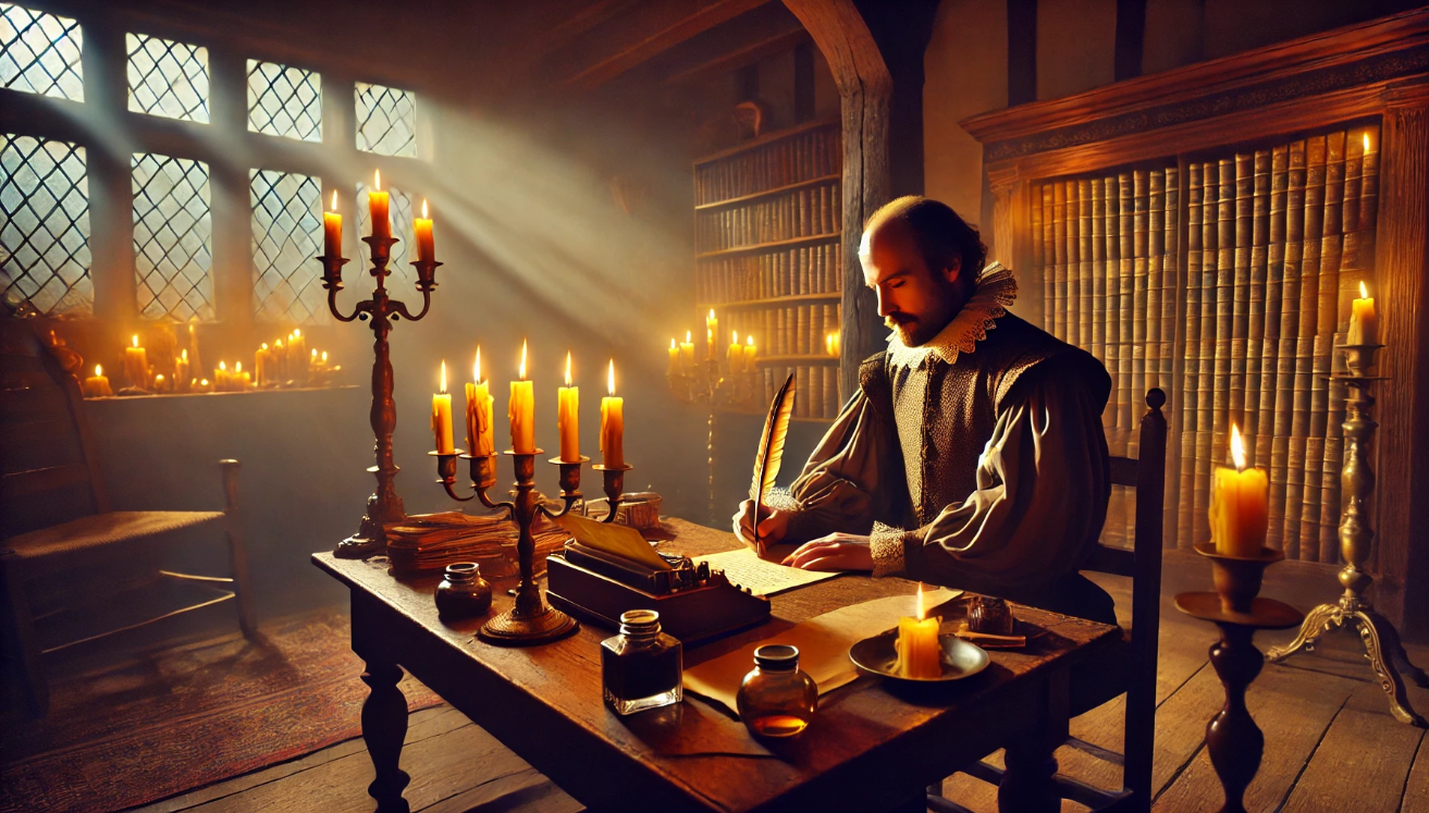 Shakespeare writing by candlelight

