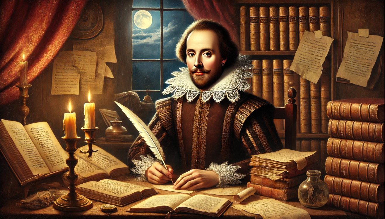Shakespeare writing with books

