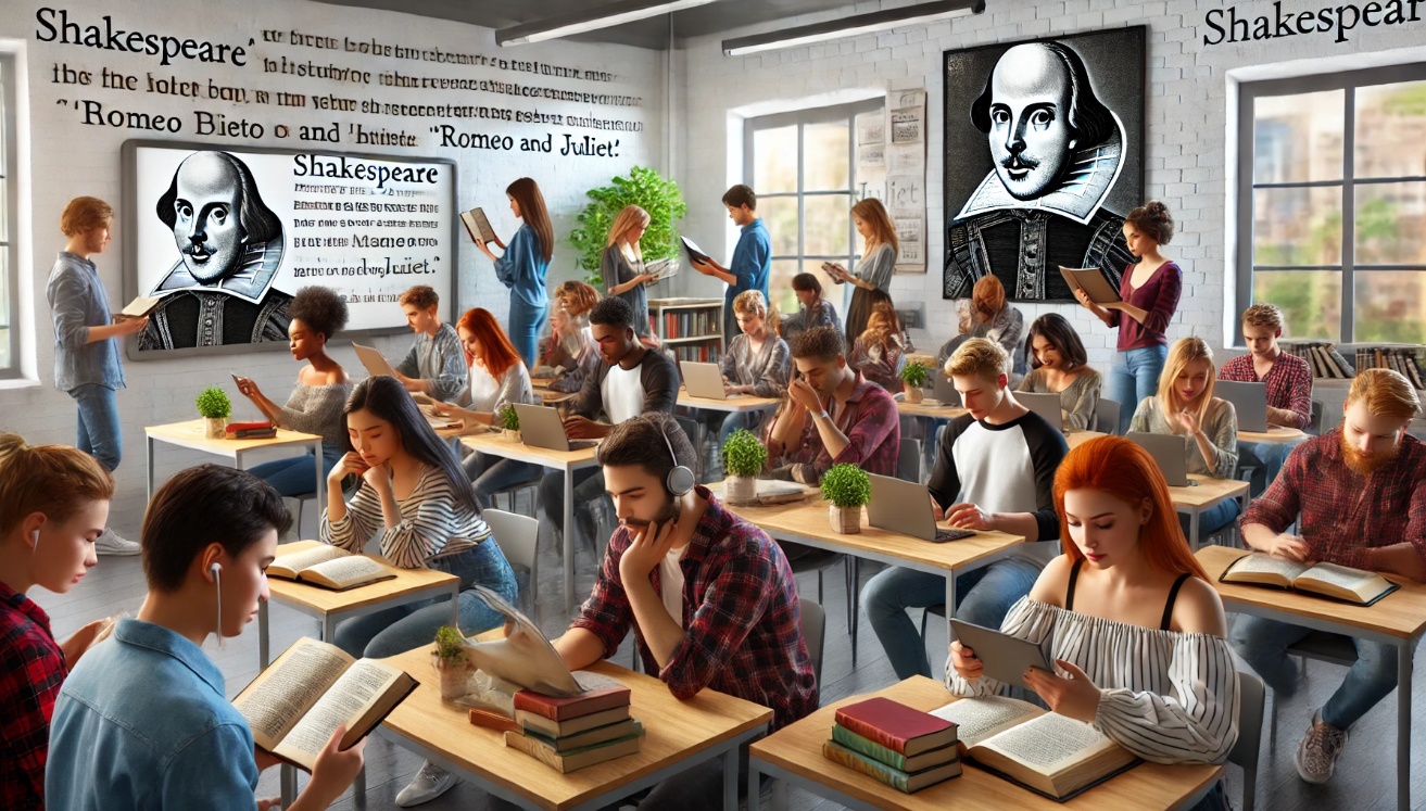 Students studying Shakespeare collaboratively

