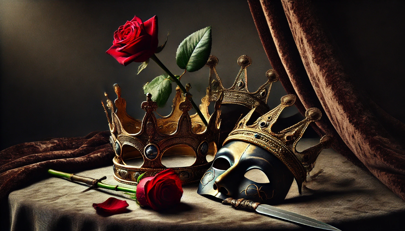Broken crown, mask, rose

