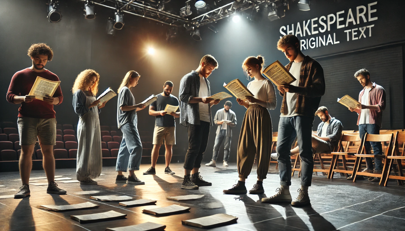 "Actors rehearsing Shakespeare play"


