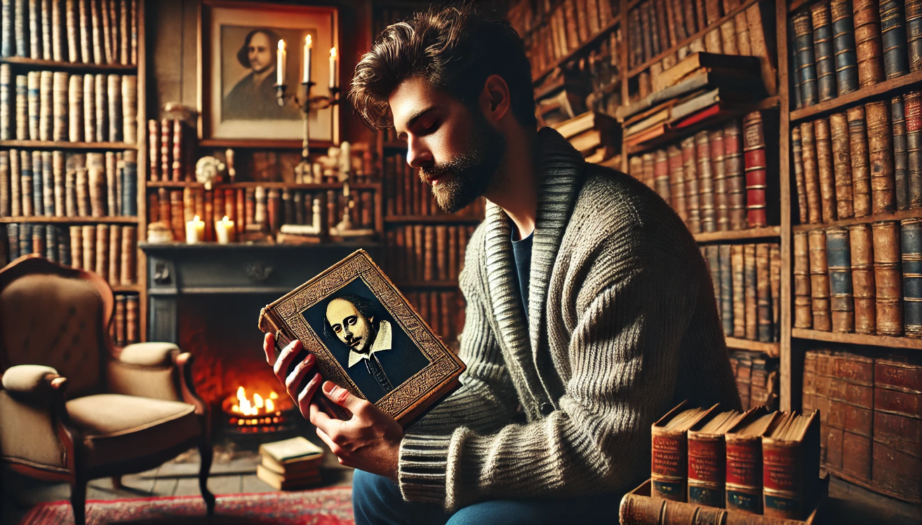 Collector admiring Shakespeare edition

