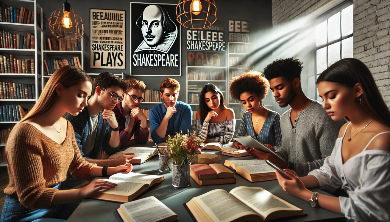 Students discussing Shakespeare together

