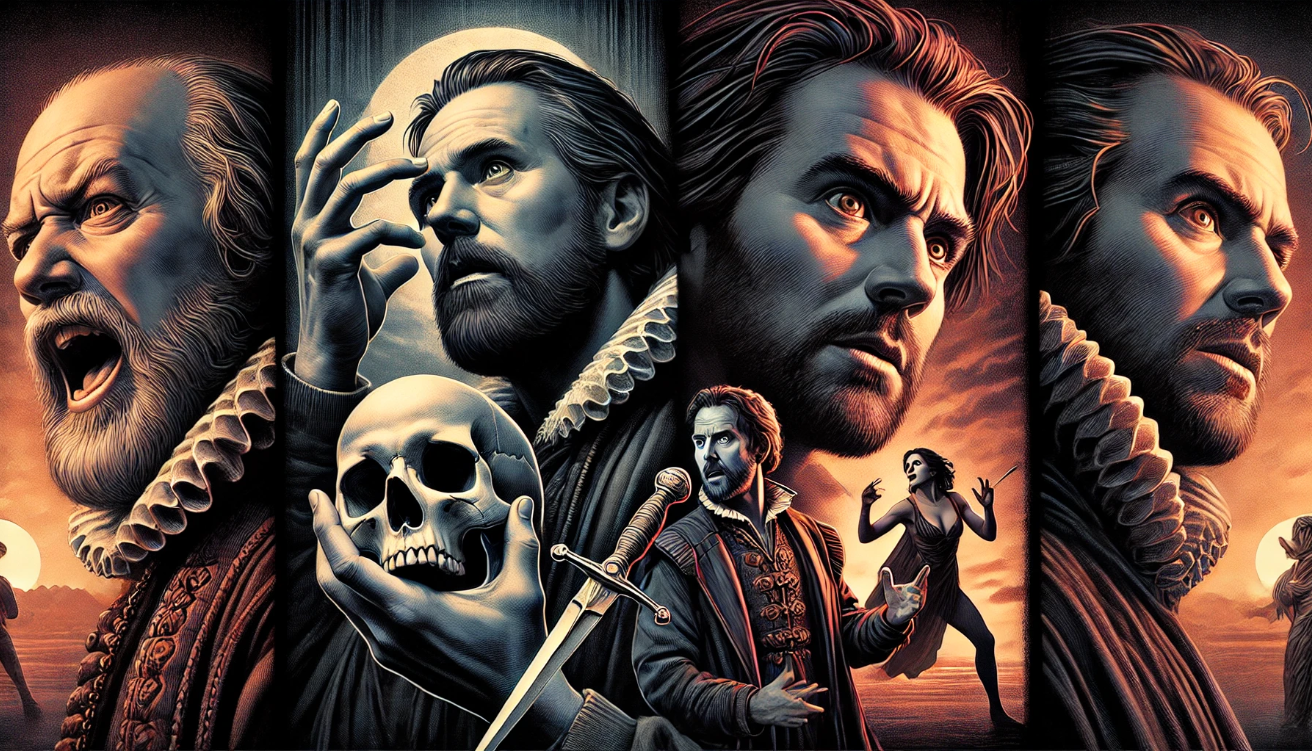  "A dramatic illustration of Shakespeare’s characters, like Hamlet in deep grief or Macbeth in intense ambition, showing the exploration of human emotions."

