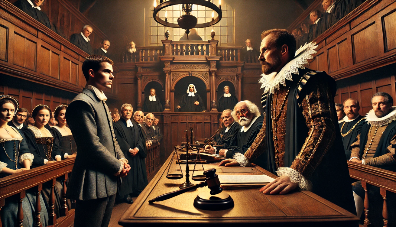 Elizabethan courtroom dramatic scene

