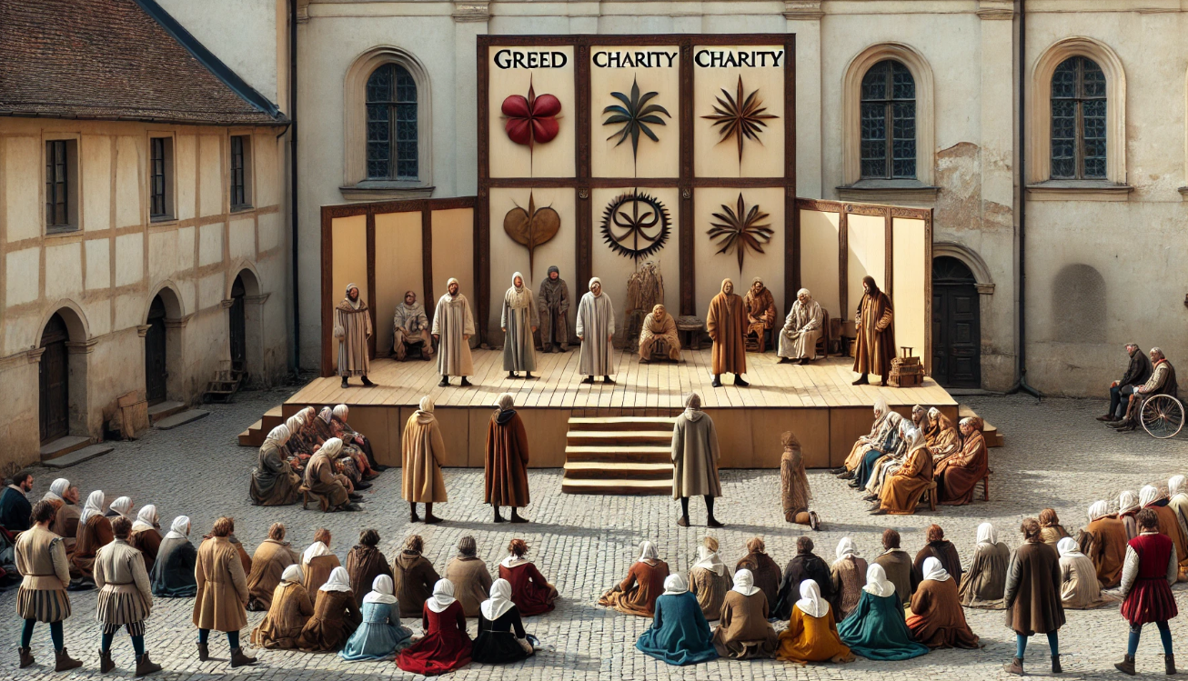 Medieval theatre performance outdoors.

