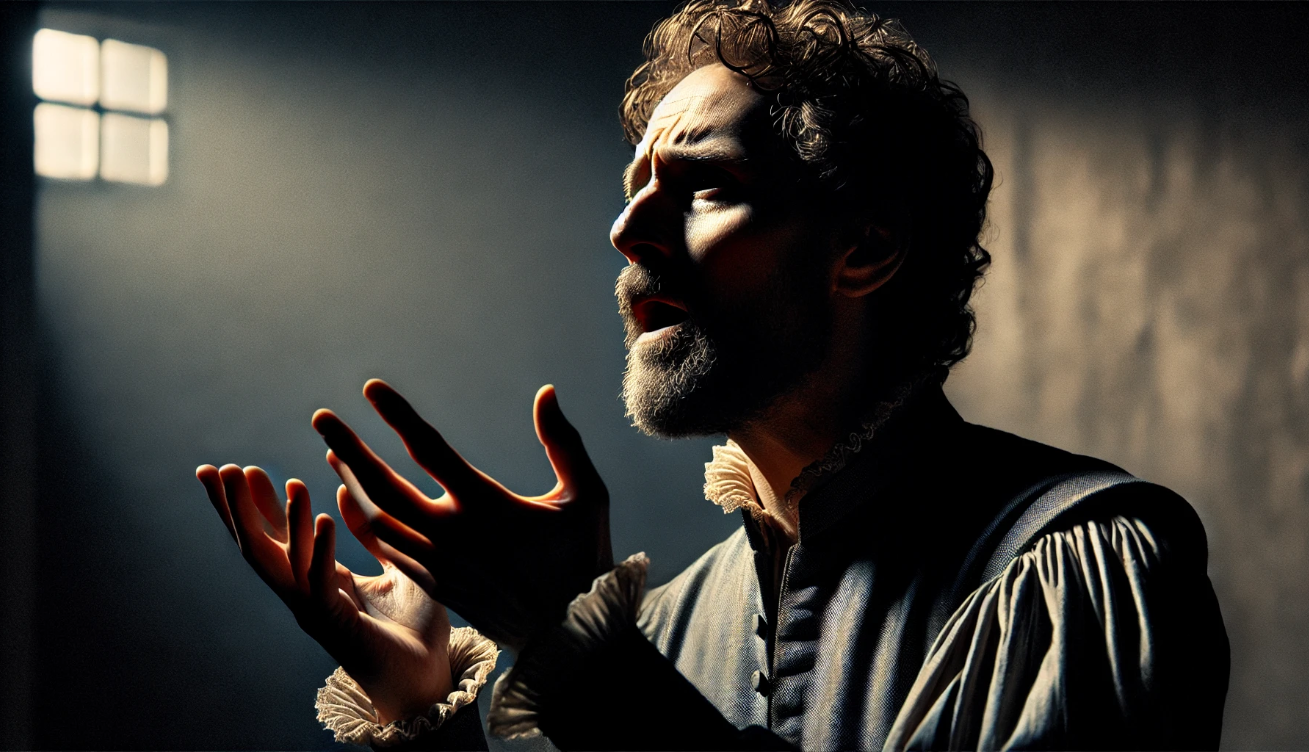 Emotional Shakespearean soliloquy performance.

