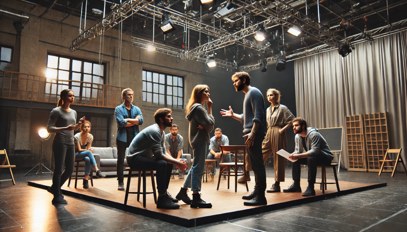 Modern actors rehearsing emotionally.

