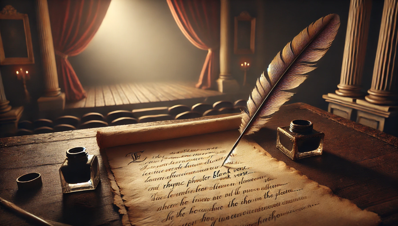 Quill, parchment, theater backdrop


