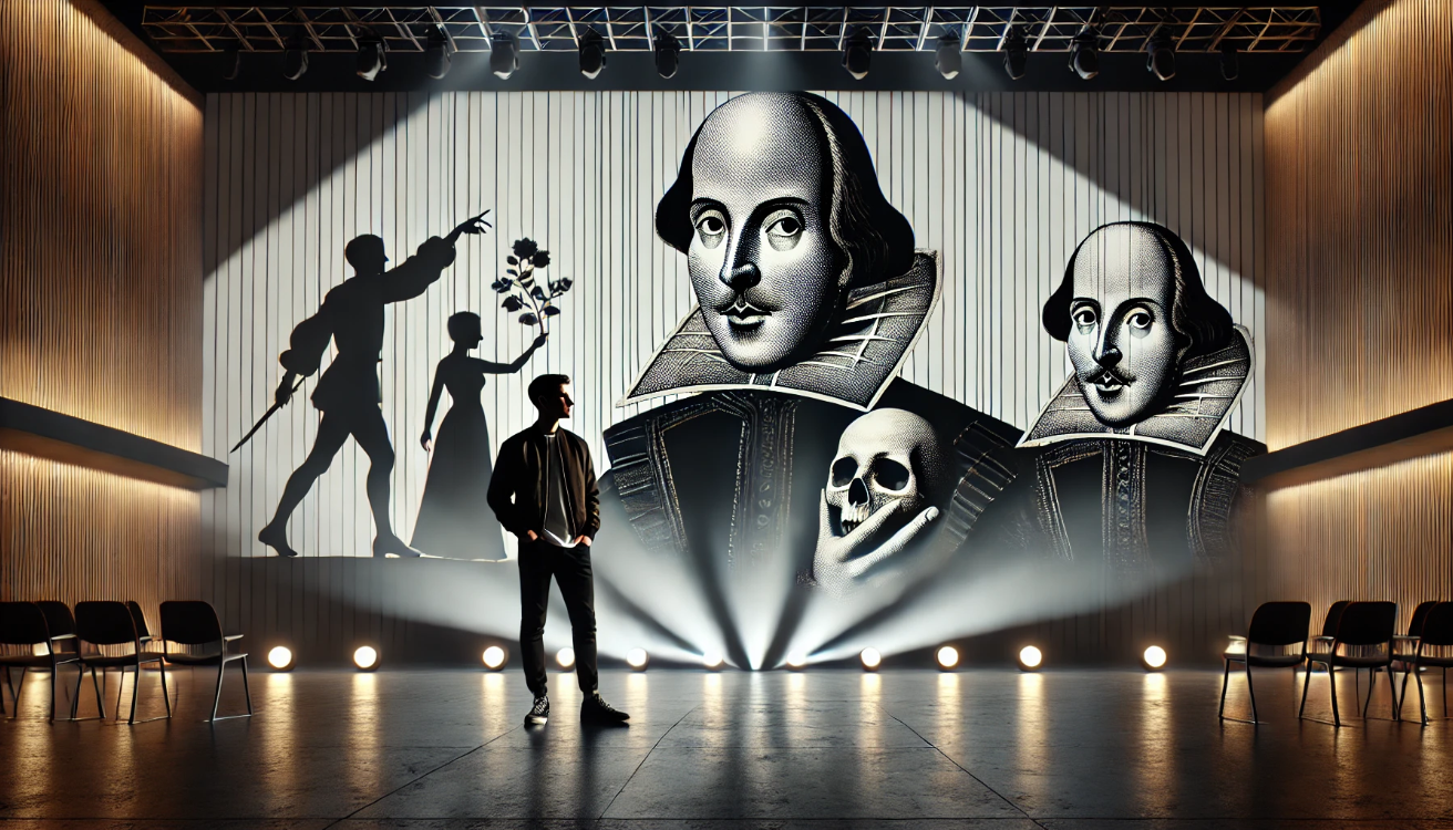 Modern stage, Shakespearean backdrop

