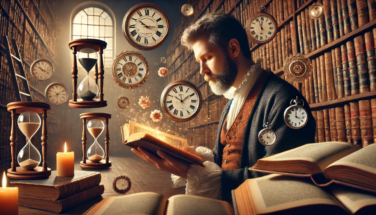 Scholar reading Shakespeare through time

