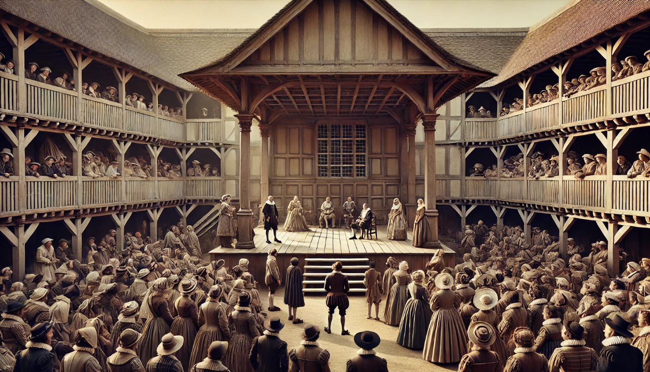 Elizabethan theater performance scene.

