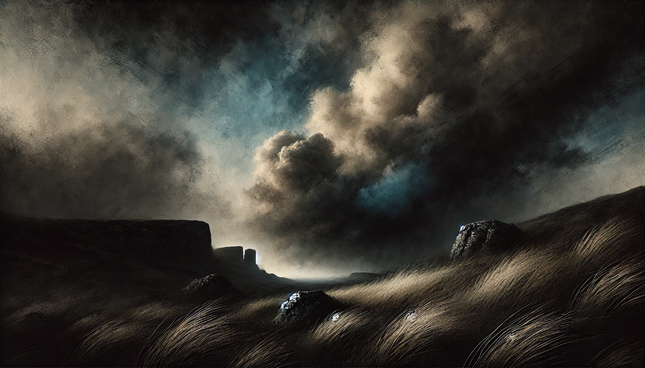 Stormy, desolate heath landscape.

