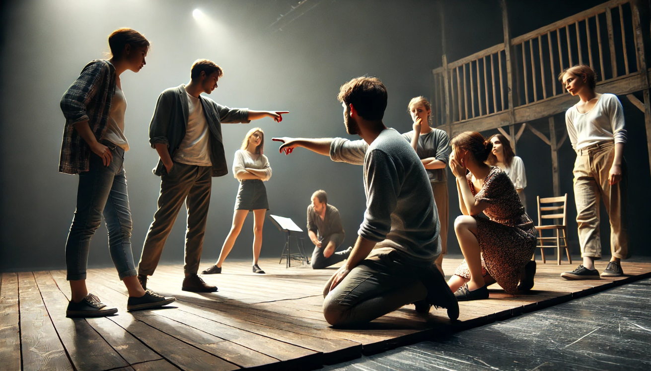 Director guides passionate rehearsal.

