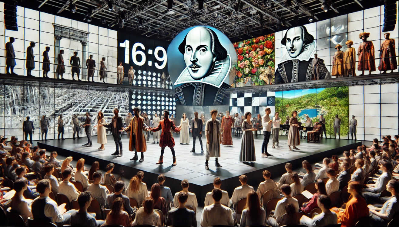 Futuristic Shakespeare stage performance.


