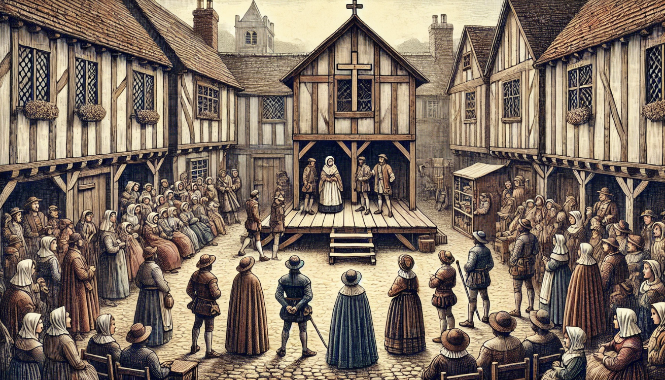 Medieval town square performance. 