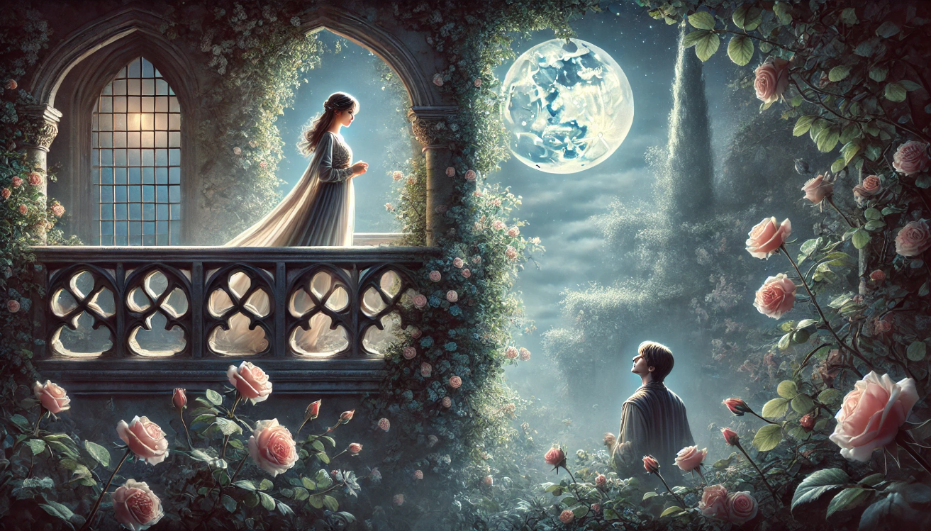 Moonlit Romeo Juliet balcony 