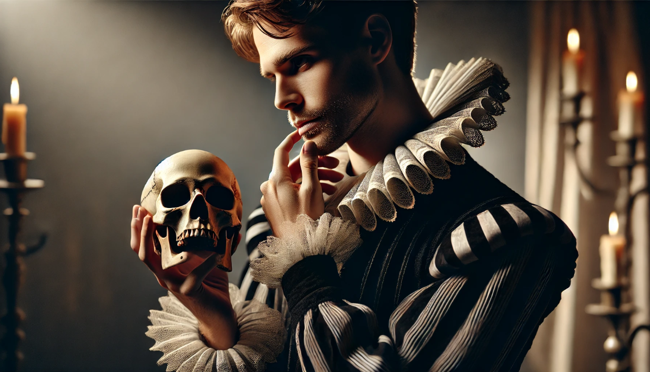 Hamlet contemplates skull solemnly.


