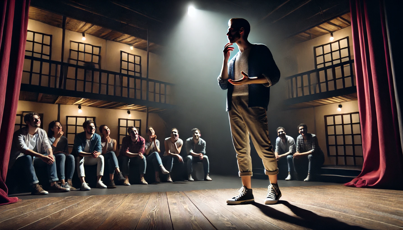 Modern actor delivering soliloquy

