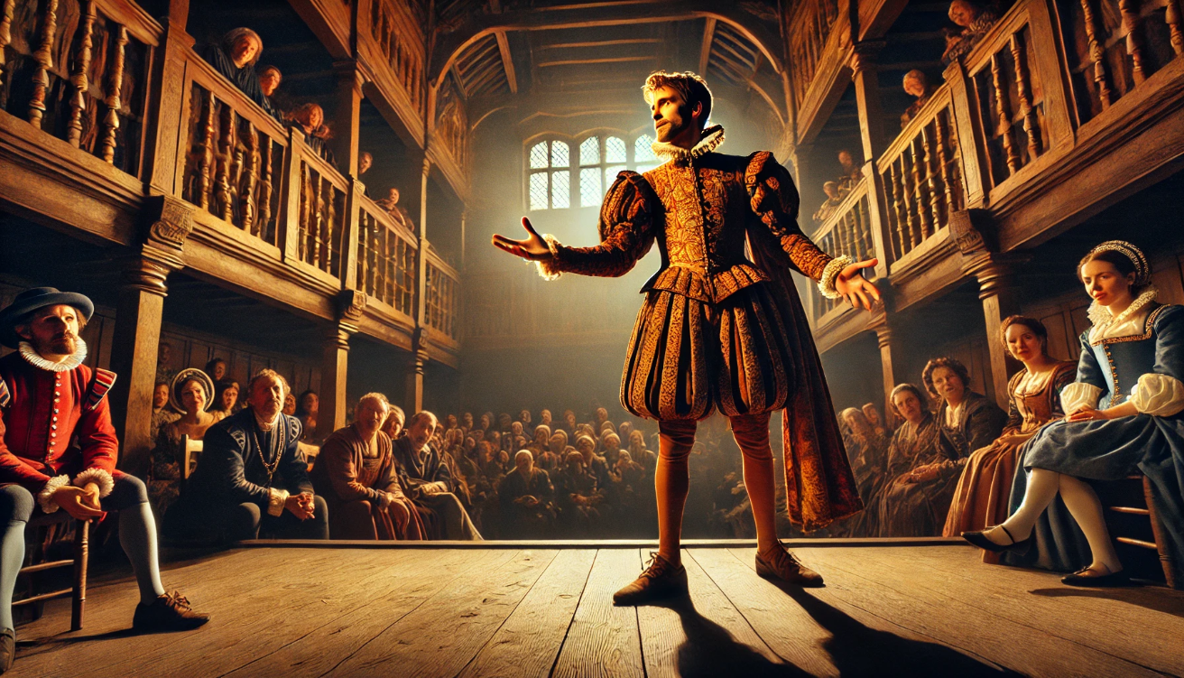 Renaissance actor onstage performing 