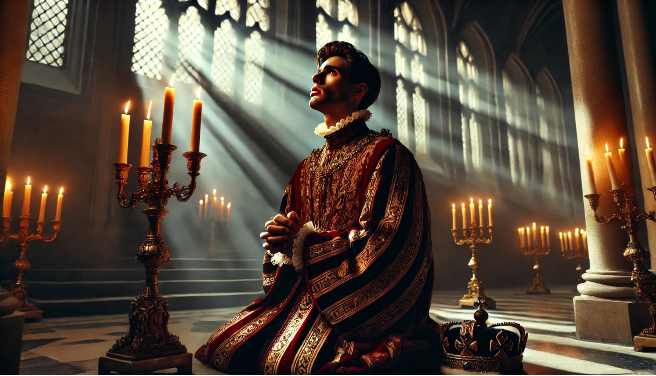 Tormented king in prayer


