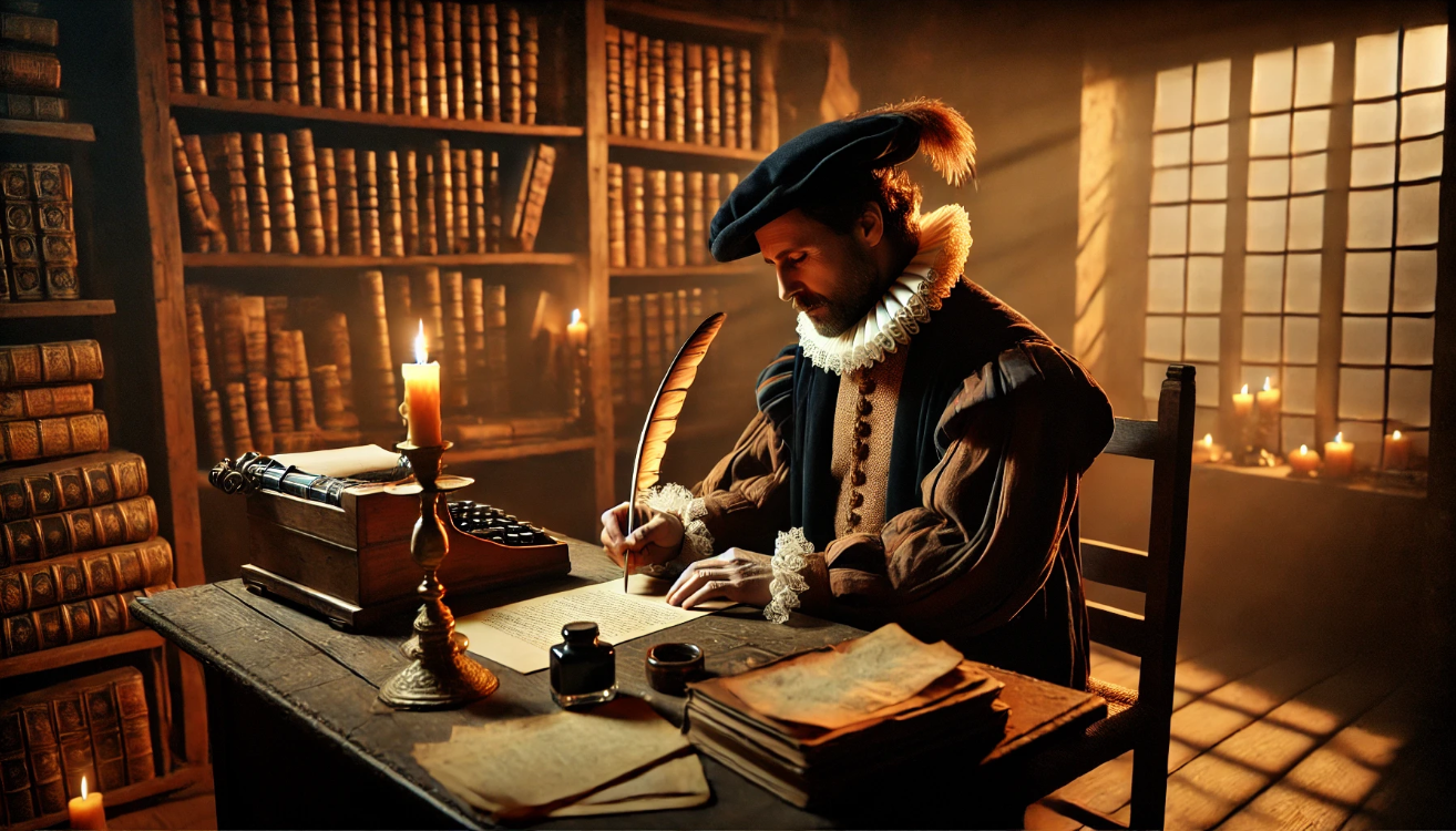 Playwright writing by candlelight


