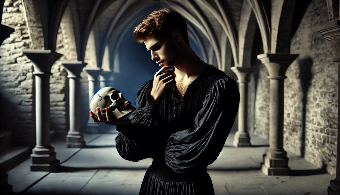 Man contemplates skull solemnly 