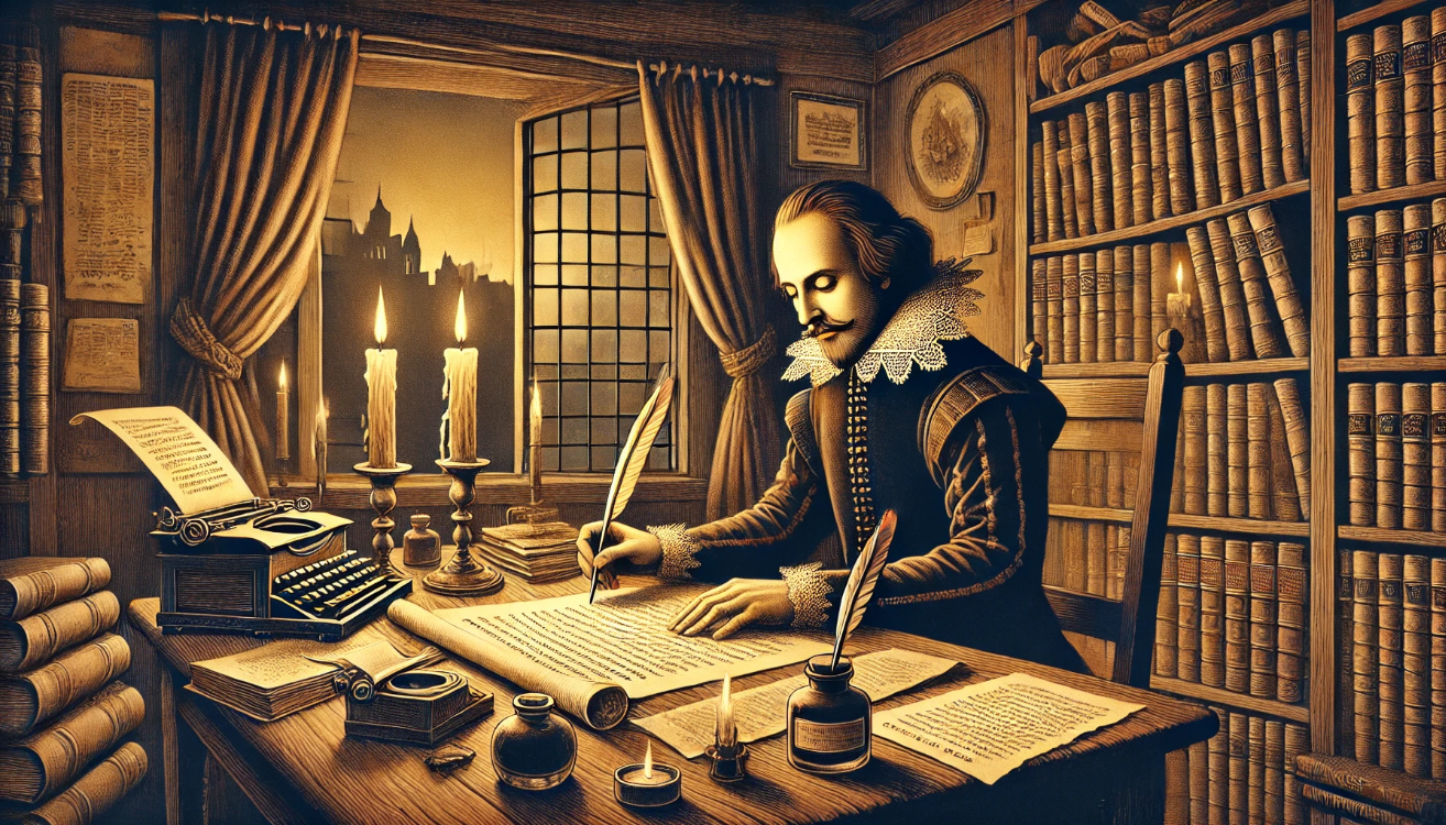 Shakespeare writing by candlelight

