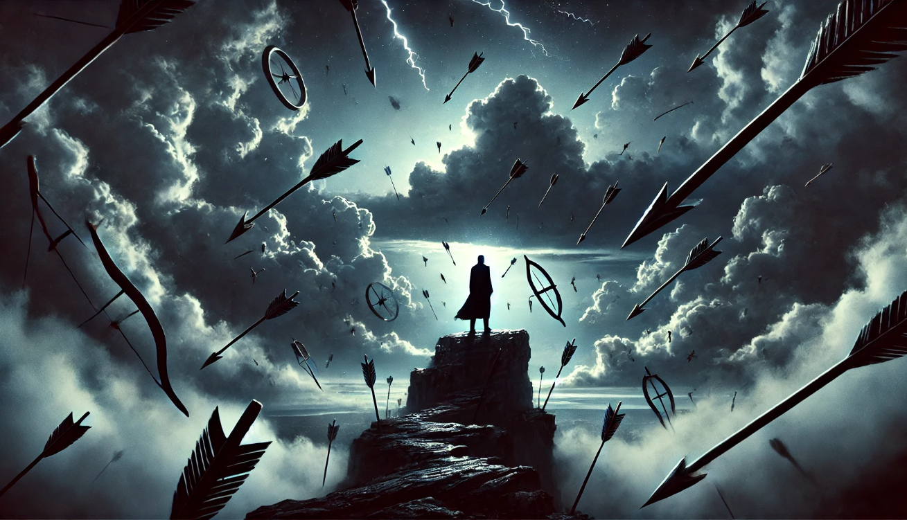 Hamlet silhouette amid turmoil

