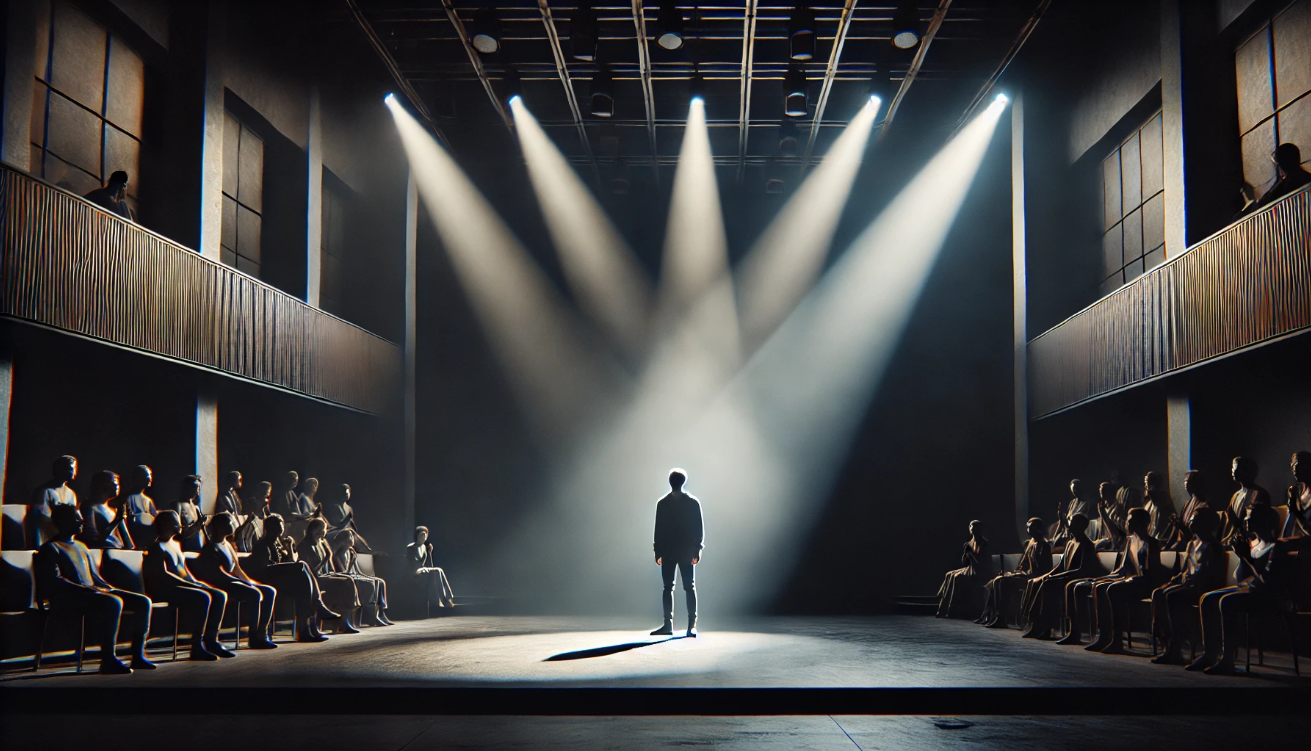 "Lone actor spotlight performance."

