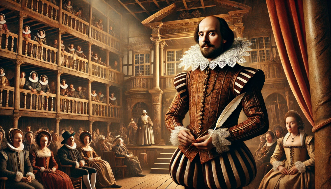"Shakespeare performing onstage Elizabethan." 