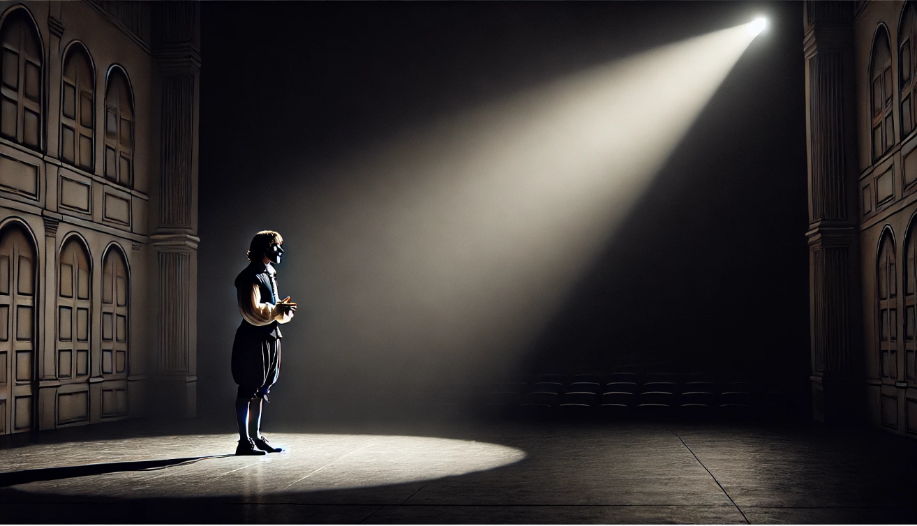 "Solitary actor spotlight soliloquy." 