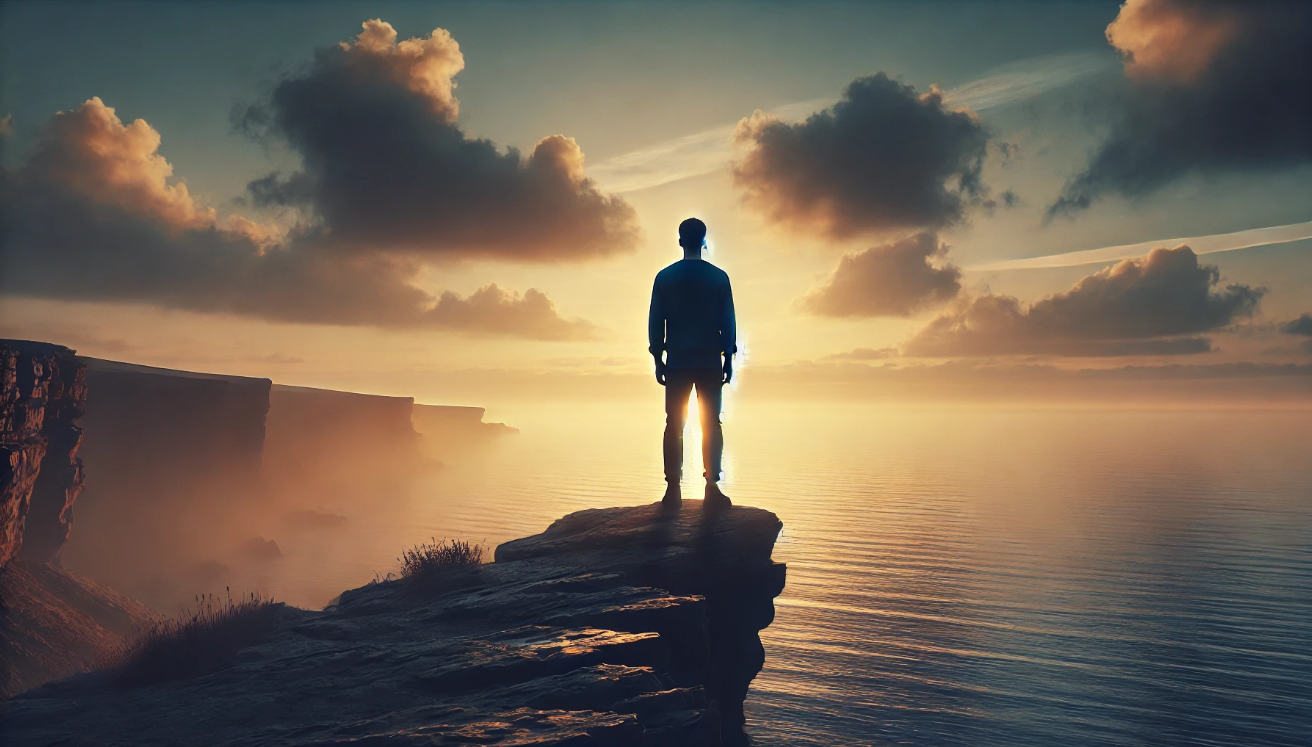 Figure overlooks calm sea. 