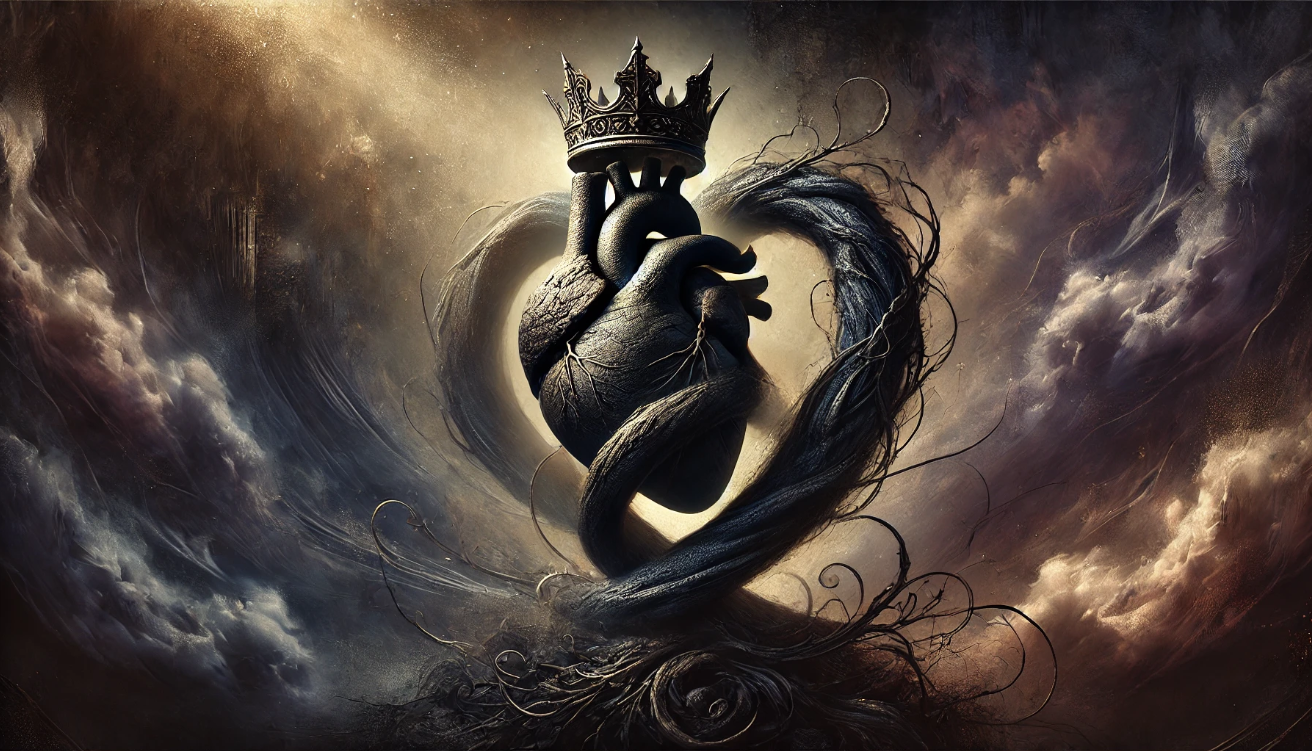Intertwined heart and crown. 