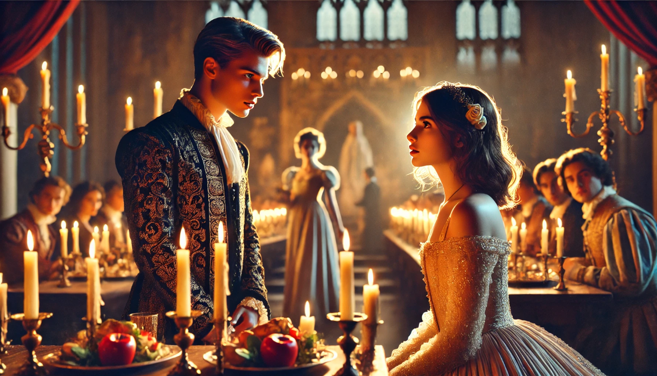 “Romeo admires candlelit Juliet”

