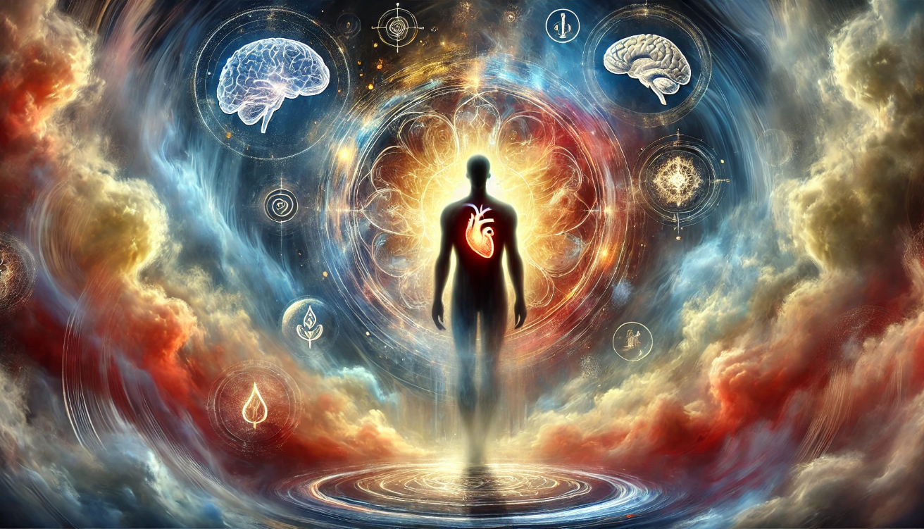 “Silhouette amidst emotional swirl”

