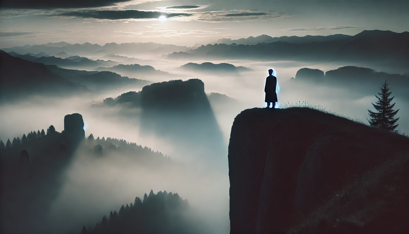 Silhouetted figure facing fog.