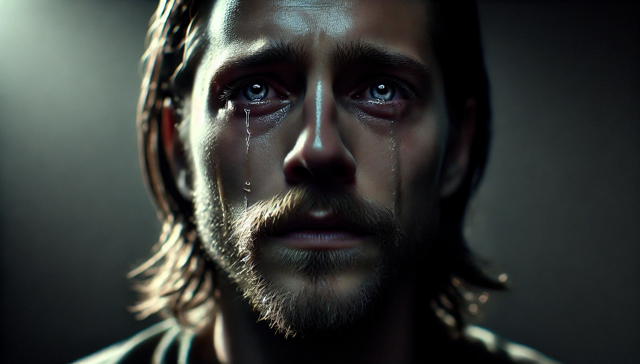 Tearful, expressive emotional face.