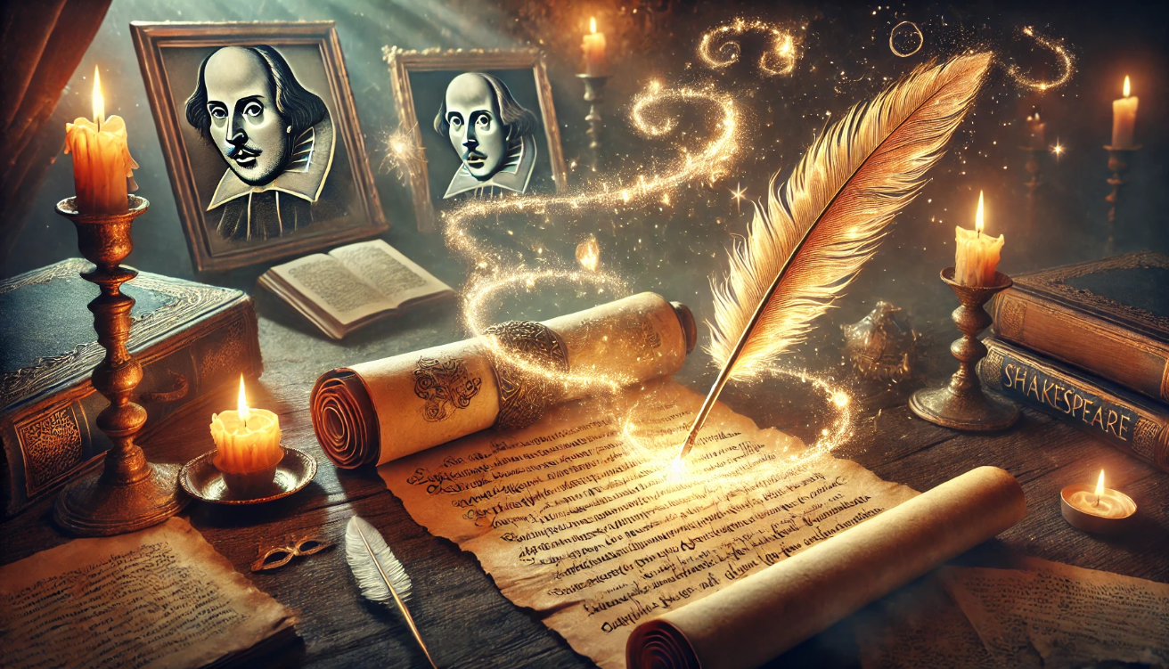 Glowing quill writing parchment.